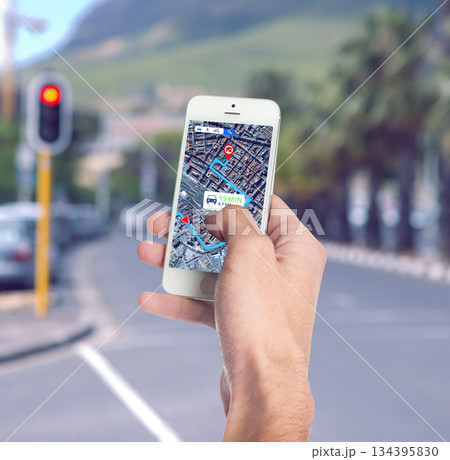 Hand, roadmap and hand with cellphone in the city for travel, discovery or sightseeing direction. Technology, location and phone with online navigation app for trip route in urban town street or road Hand, roadmap and hand with cellphone in the city for travel, discovery or sightseeing direction. Technology, location and phone with online navigation app for trip route in urban town street or road 134395830