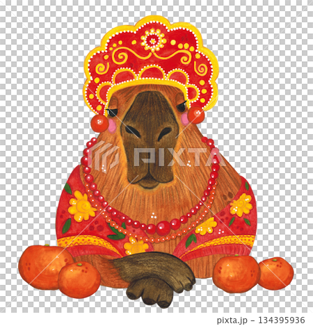 A capybara wearing a kokoshnik and a beaded scarf among oranges. Hand-drawn watercolor illustration. Design suitable for printing on cakes, stickers, posters, and fabric. Animal, fruit A capybara wearing a kokoshnik and a beaded scarf among oranges. Hand-drawn watercolor illustration. Design suitable for printing on cakes, stickers, posters, and fabric. Animal, fruit 134395936