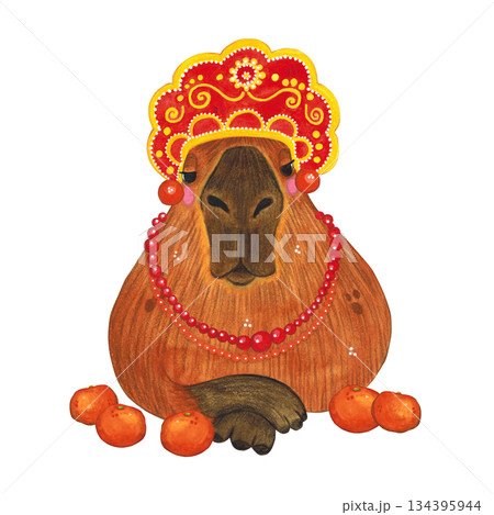Capybara in a kokoshnik with beads among oranges. Watercolor illustration hand-drawn cartoon. Drawing for printing on a cake, stickers, poster, fabric. Animal, fruit Capybara in a kokoshnik with beads among oranges. Watercolor illustration hand-drawn cartoon. Drawing for printing on a cake, stickers, poster, fabric. Animal, fruit 134395944