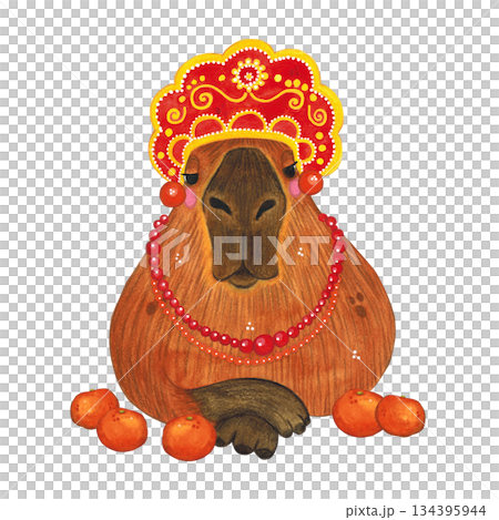 Capybara in a kokoshnik with beads among oranges. Watercolor illustration hand-drawn cartoon. Drawing for printing on a cake, stickers, poster, fabric. Animal, fruit Capybara in a kokoshnik with beads among oranges. Watercolor illustration hand-drawn cartoon. Drawing for printing on a cake, stickers, poster, fabric. Animal, fruit 134395944