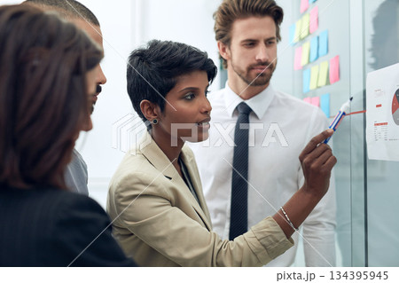 Business woman, charts and group at whiteboard talking about training and growth plan. Working, communication and management of a female leader with writer team with teamwork planning and data 134395945
