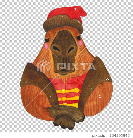 Capybara in a hat and caftan, folk costume. Hand-drawn watercolor illustration. Design suitable for printing on cakes, stickers, posters, and fabric. Animal, fruit, tradition Capybara in a hat and caftan, folk costume. Hand-drawn watercolor illustration. Design suitable for printing on cakes, stickers, posters, and fabric. Animal, fruit, tradition 134395946