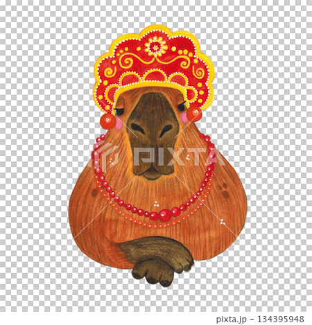 Capybara in a kokoshnik with beads. Watercolor illustration hand drawn cartoon. Drawing for printing on a cake, stickers, poster, fabric. Animal, rodent, brown, children Capybara in a kokoshnik with beads. Watercolor illustration hand drawn cartoon. Drawing for printing on a cake, stickers, poster, fabric. Animal, rodent, brown, children 134395948