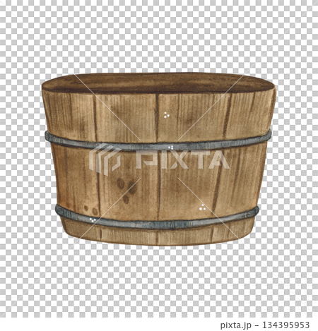 Large wooden tub for washing. Watercolor illustration hand drawn cartoon. Drawing for print on cake, stickers, poster, fabric. Barrel, wooden, tub, bathe, tub 134395953