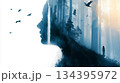 青い森と滝の二重露光の横顔　内省と静けさのコンセプトアート 134395972