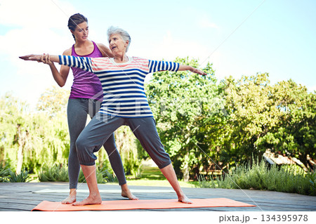 Nature, senior woman and yoga coach teaching exercise, coaching retirement workout or outdoor fitness. Personal trainer, wellness instructor and old person, yogi or people learning pilates training Nature, senior woman and yoga coach teaching exercise, coaching retirement workout or outdoor fitness. Personal trainer, wellness instructor and old person, yogi or people learning pilates training 134395978