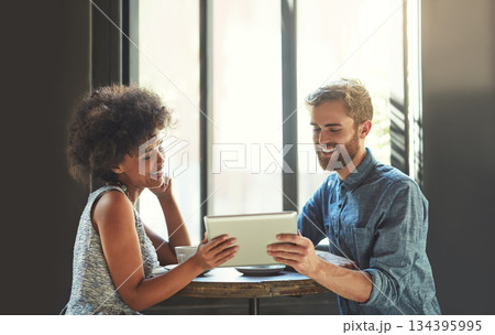 Tablet, partnership or happy people with online restaurant insight, customer feedback or smile for cafe sales review. Hospitality report, store collaboration and retail team with coffee shop teamwork 134395995