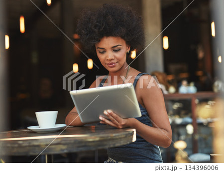Tablet reading, typing and coffee shop woman, retail customer or manager doing hospitality research for startup growth. Review, analysis and person check restaurant, cafe or store sales statistics Tablet reading, typing and coffee shop woman, retail customer or manager doing hospitality research for startup growth. Review, analysis and person check restaurant, cafe or store sales statistics 134396006