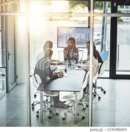 Business, training, and people in office with mentor for planning, discussion and problem solving. Coaching, collaboration and woman leader with team in boardroom for sharing vision, growth and idea 134396064