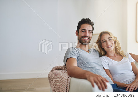 Smile, portrait or happy couple in home with trust, commitment or loyalty together bonding or smiling. Wellness, lovers or woman enjoys quality time with a romantic man on holiday weekend break 134396088