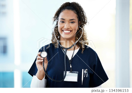 Nurse, portrait or stethoscope check at hospital mockup for cardiovascular, asthma lungs or woman heart wellness. Smile, happy or healthcare worker and medical equipment for surgery doctor consulting 134396153