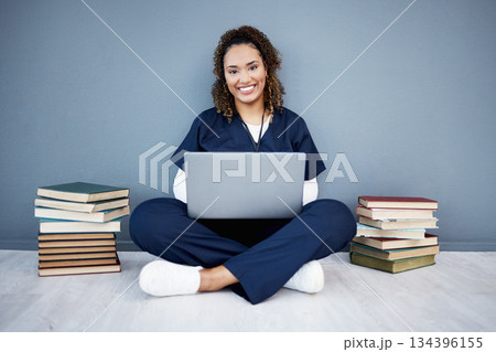 Nurse, portrait or laptop in hospital research, wellness books study or education in medicine scholarship on mockup wall. Smile, happy or medical student on healthcare technology for woman internship Nurse, portrait or laptop in hospital research, wellness books study or education in medicine scholarship on mockup wall. Smile, happy or medical student on healthcare technology for woman internship 134396155
