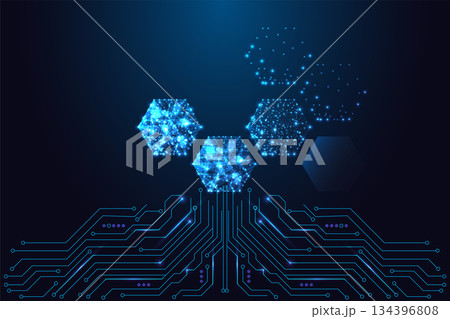 Futuristic glowing hexagons on circuit board, digital structure and tech network vector illustration 134396808