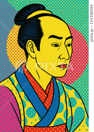 ポップアート風に再解釈した浮世絵の侍イラスト|和モダン人物デザイン素材 ポップアート風に再解釈した浮世絵の侍イラスト|和モダン人物デザイン素材 134396884