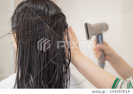 ドライヤーで髪の毛を乾かす若い女性 ドライヤーで髪の毛を乾かす若い女性 134397614