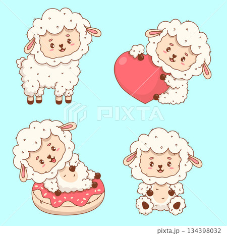 Cute Sheep set. Isolated funny kawaii Farm Animal. Happy character Beach summer on inflatable donut and romantic with heart. Vector illustration. Kids collection Cute Sheep set. Isolated funny kawaii Farm Animal. Happy character Beach summer on inflatable donut and romantic with heart. Vector illustration. Kids collection 134398032