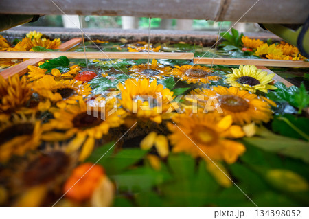 京都府八幡市の石清水八幡宮で撮影した花手水 京都府八幡市の石清水八幡宮で撮影した花手水 134398052