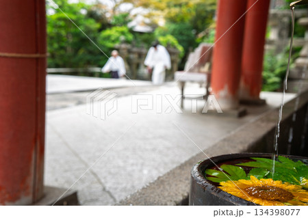 京都府八幡市の石清水八幡宮で撮影した花手水 京都府八幡市の石清水八幡宮で撮影した花手水 134398077