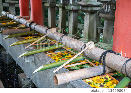 京都府八幡市の石清水八幡宮で撮影した花手水 134398084