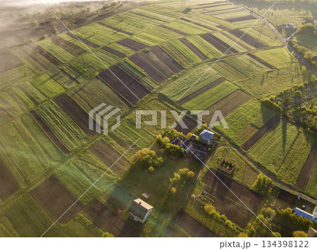 Top view of rural landscape on sunny spring day. Farm cottage, houses and barns on green and black fields. Drone photography. Top view of rural landscape on sunny spring day. Farm cottage, houses and barns on green and black fields. Drone photography. 134398122