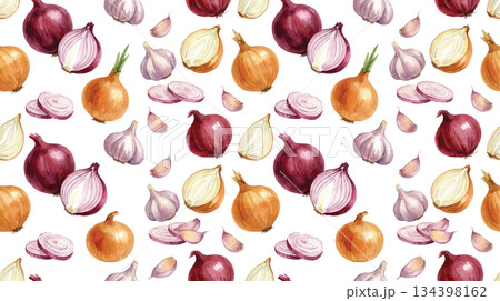 Onion and garlic seamless pattern on a white background Onion and garlic seamless pattern on a white background 134398162