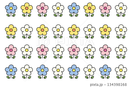 手描き線画の花装飾ラインセット｜デフォルメフラワー・かわいい罫線4本 134398168