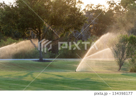 Sprinkler irrigating grass lawn with water in summer garden. Watering green vegetation during dry season for maintaining it fresh Sprinkler irrigating grass lawn with water in summer garden. Watering green vegetation during dry season for maintaining it fresh 134398177