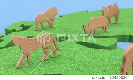 Wooden Wildlife Figures on Green Map Concept Background 3d render. Wooden Wildlife Figures on Green Map Concept Background 3d render. 134398264