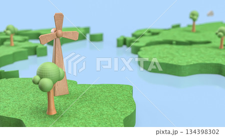 Renewable Energy Landscape with Wooden Wind Turbines 3d render. 134398302