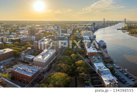 Panoramic cityscape with River Street old historical architecture in Savannah, Georgia. Southern American architecture in evening 134398555