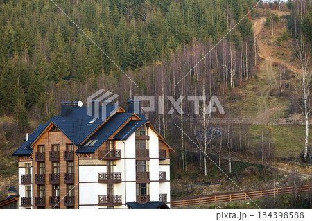 New modern comfortable four-story hotel building with attached premises, attic rooms and high chimneys in ecological rural area on spruce dense forest. Recreation and tourism concept. 134398588