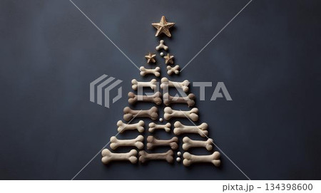 Creative arrangement of dog treats in a Christmas tree shape on a dark background for festive pet celebrations Creative arrangement of dog treats in a Christmas tree shape on a dark background for festive pet celebrations 134398600