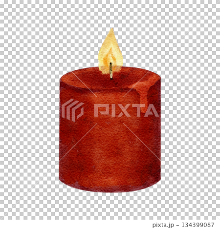 Red candle with soft glowing flame, watercolor isolated on white. Hand-painted cozy winter holiday element in warm tones, perfect for Christmas cards, festive decor, invitations, seasonal design 134399087