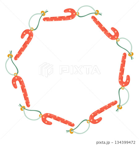 Vector illustration of a circular decorative frame made of hand drawn holiday elements. Festive and cozy wreath design perfect for Christmas and New Year cards, invitations, packaging, stickers. 134399472