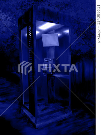 薄暗い心霊スポットの不気味な電話ボックス青 134399511