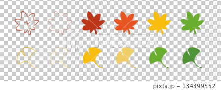 シンプルな紅葉と銀杏のアイコンセットイラスト シンプルな紅葉と銀杏のアイコンセットイラスト 134399552