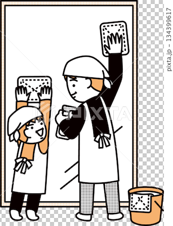 窓拭きをする親子 134399617