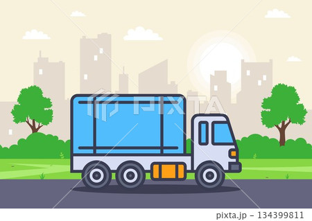 Blue truck on the city background. 134399811