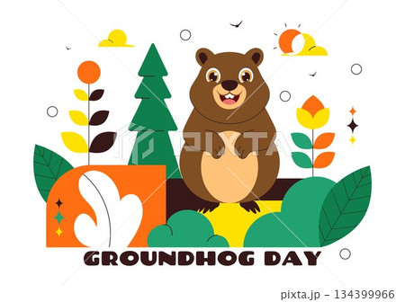 Happy Groundhog Day Vector Illustration on February 2 Featuring a Groundhog Emerging from a Hole with Land and Garden Cartoon Background 134399966