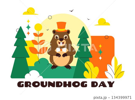 Happy Groundhog Day Vector Illustration on February 2 Featuring a Groundhog Emerging from a Hole with Land and Garden Cartoon Background Happy Groundhog Day Vector Illustration on February 2 Featuring a Groundhog Emerging from a Hole with Land and Garden Cartoon Background 134399971