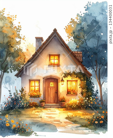 ルノルマンカード「家」夕暮れに灯りがともる温かい素朴な家の水彩画イラスト2/チラシやポスター用素材 ルノルマンカード「家」夕暮れに灯りがともる温かい素朴な家の水彩画イラスト2/チラシやポスター用素材 134400031