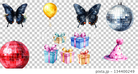 Celebrate your birthday party with cake, candles, balloons and gifts. Fun illustrations. 134400249
