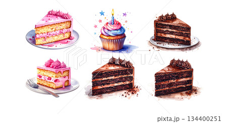 Celebrate your birthday party with cake, candles, balloons and gifts. Fun illustrations. 134400251