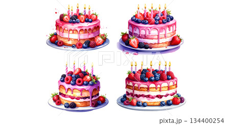 Celebrate your birthday party with cake, candles, balloons and gifts. Fun illustrations. 134400254