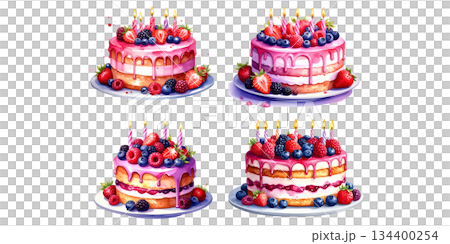 Celebrate your birthday party with cake, candles, balloons and gifts. Fun illustrations. 134400254