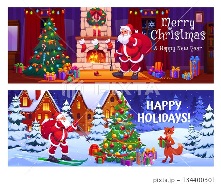 Christmas vector banners with Santa indoors by fireplace with decorated tree, gifts, wreath and stockings, and outdoors skiing through a snowy village toward a festive tree where a fox holds a present 134400301
