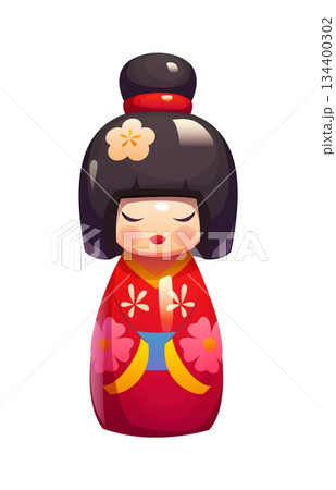 Traditional Japanese kokeshi doll wearing red kimono decorated with flowers and blue obi. Vector toy figure has a bob hairstyle with a top bun, a flower accessory and a calm, closed eye expression Traditional Japanese kokeshi doll wearing red kimono decorated with flowers and blue obi. Vector toy figure has a bob hairstyle with a top bun, a flower accessory and a calm, closed eye expression 134400302