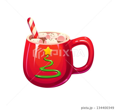Christmas celebration cartoon hot cocoa drink decoration or item. Winter party isolated beverage, merry Christmas celebration vector decoration. New Year holiday cocoa drink red mug with marshmallows 134400349