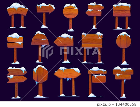 Winter wooden sign boards, rustic Christmas planks with snow and ice, vector Xmas holiday themes. Cartoon wood signboards on poles with wooden arrow, circle and square signages. Winter snowy signs set 134400359