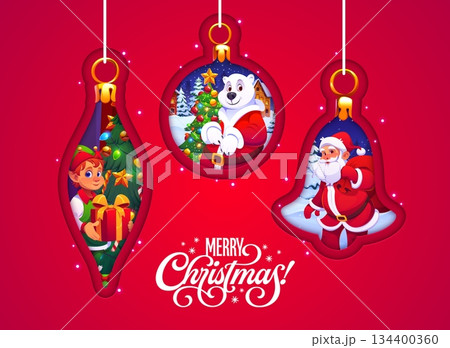 Merry Christmas paper cut greetings card with Xmas balls and decorations vector background. Cartoon cute Santa, elf and bear characters in 3d paper cut Xmas ball frames, Merry Christmas greetings card Merry Christmas paper cut greetings card with Xmas balls and decorations vector background. Cartoon cute Santa, elf and bear characters in 3d paper cut Xmas ball frames, Merry Christmas greetings card 134400360